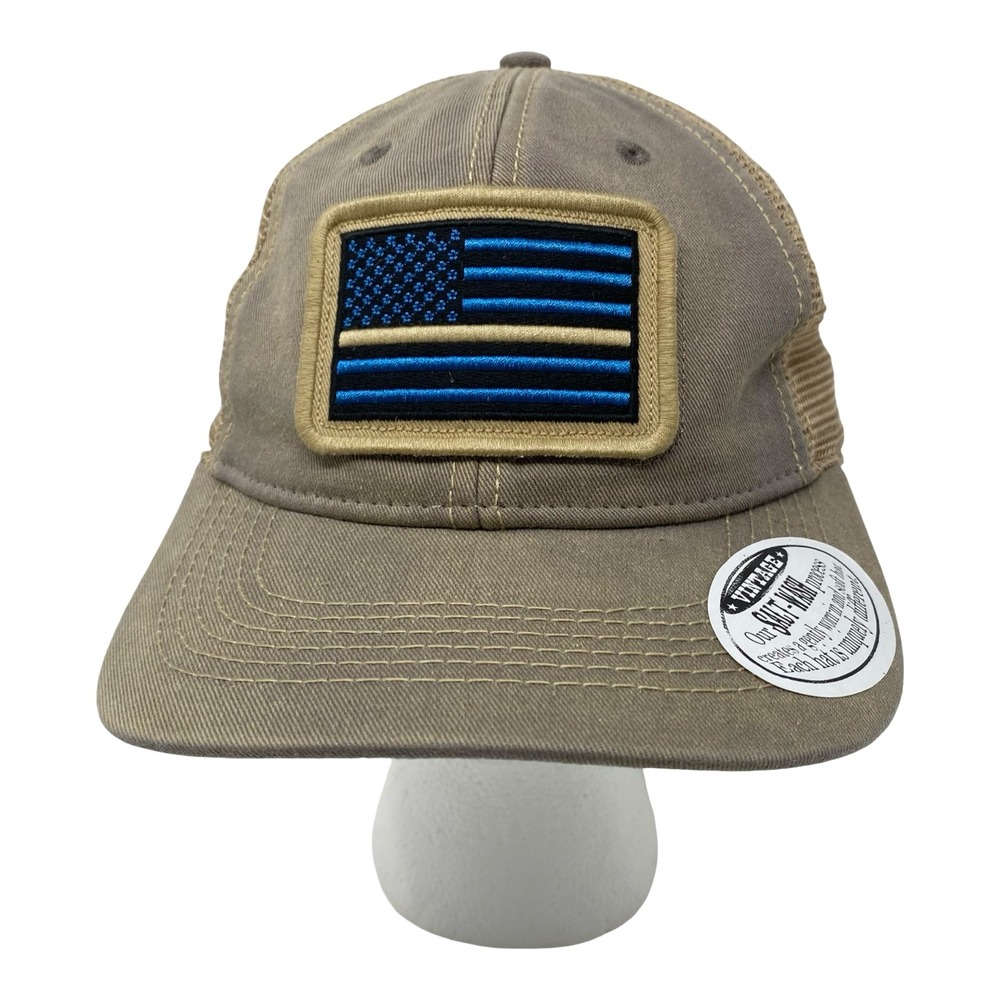 SL Revival Co Thin Blue Line Flag Salt Wash Trucker Hat Tan Police Snapback Cap